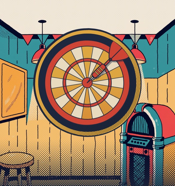 A dartboard on a pub wall, a dart in the bull